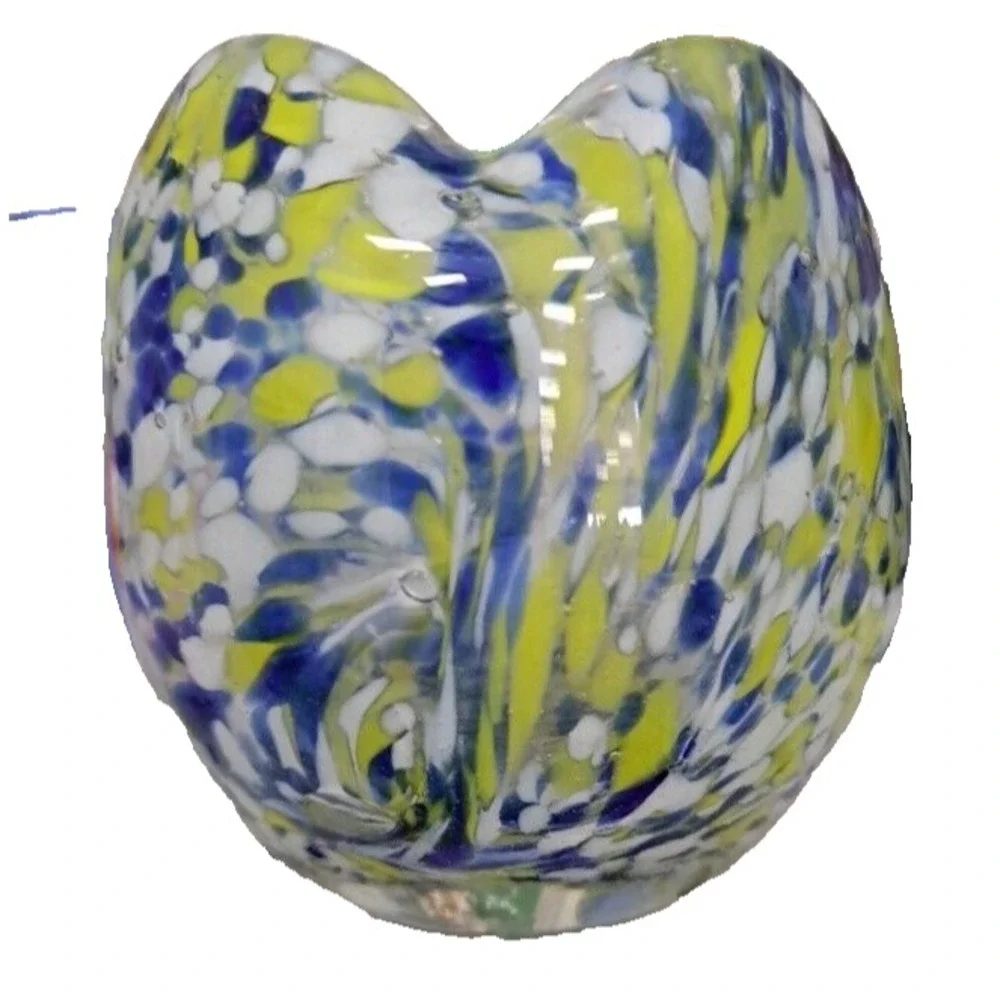 MCM Art Deco Glass Hand Blown Vase Cup Scallop Yellow Blue 3.5
